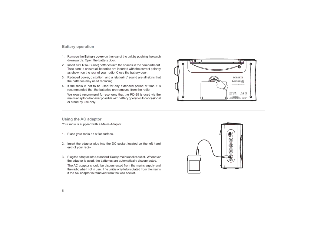 Roberts Radio RD-25 manual Battery operation, Using the AC adaptor 