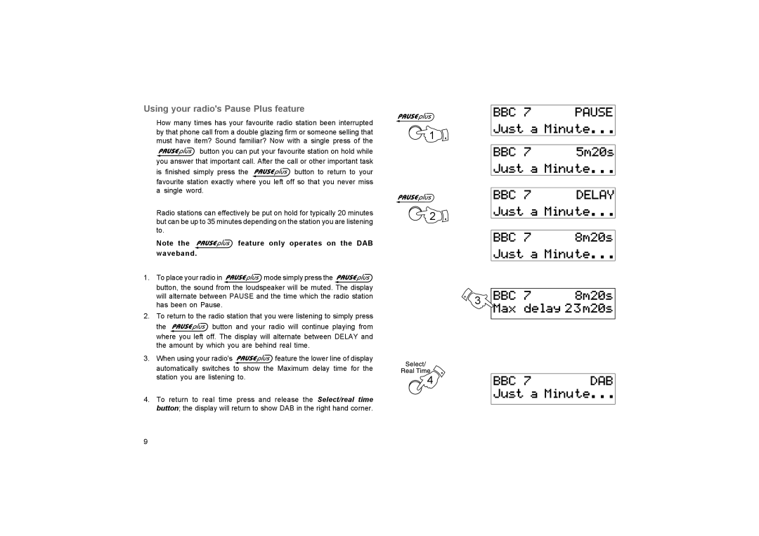 Roberts Radio RD-27 manual Using your radios Pause Plus feature 