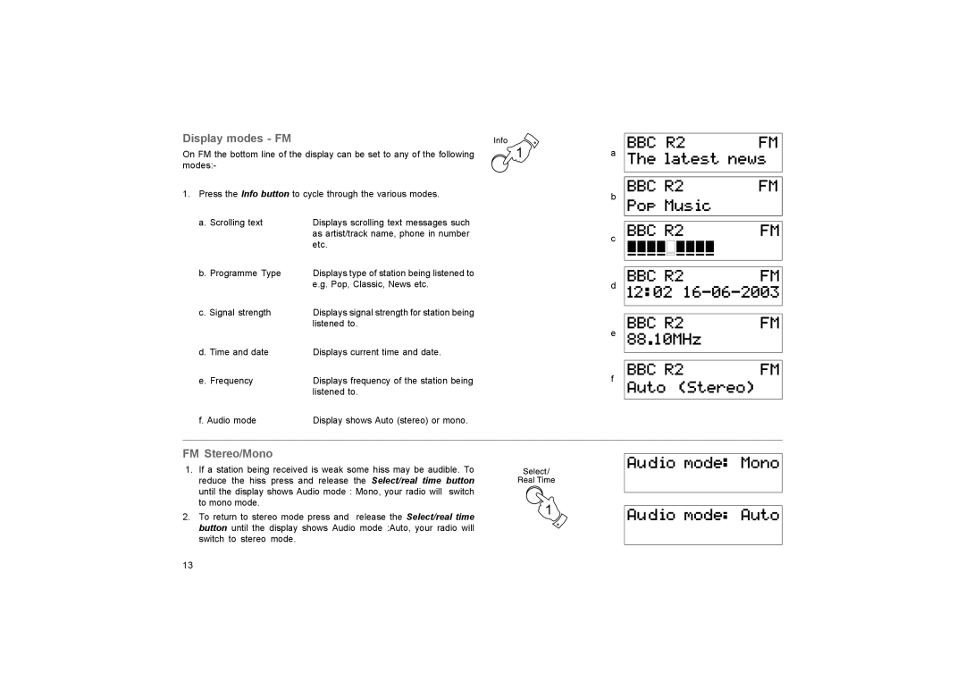 Roberts Radio RD-27 manual Display modes FM, FM Stereo/Mono 