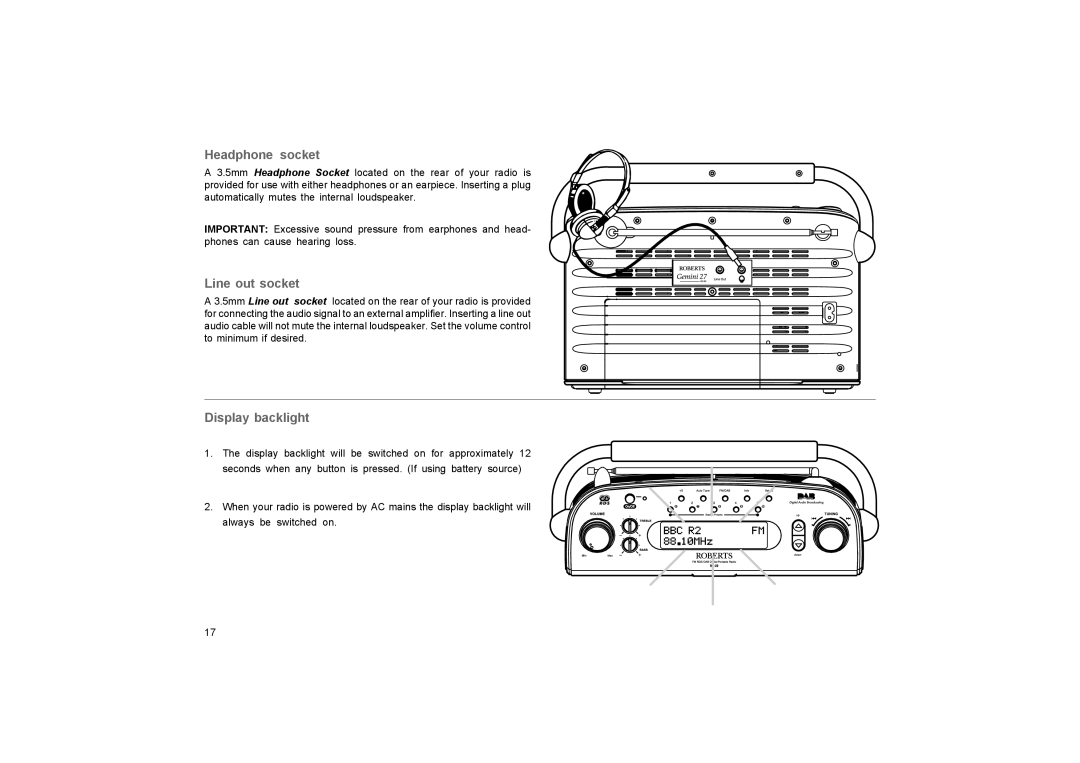 Roberts Radio RD-27 manual Headphone socket, Line out socket, Display backlight 