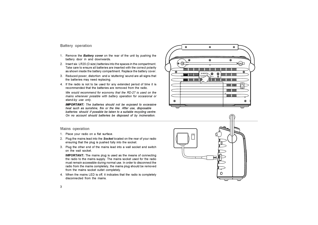 Roberts Radio RD-27 manual Battery operation, Mains operation 