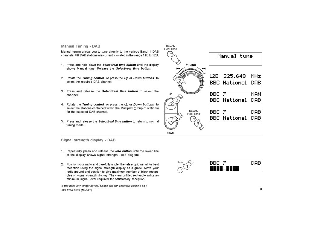 Roberts Radio RD-27 manual Manual Tuning DAB, Signal strength display DAB 