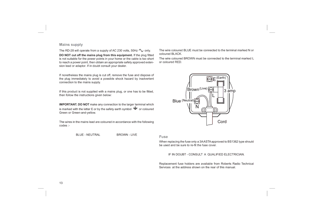 Roberts Radio RD-28 manual Mains supply, Fuse 