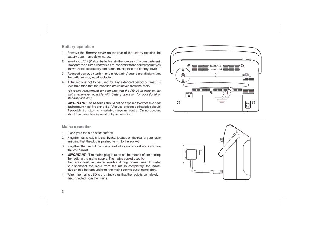 Roberts Radio RD-28 manual Battery operation, Mains operation 