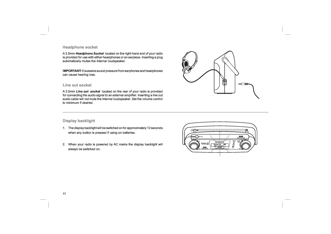 Roberts Radio RD-28 manual Headphone socket, Line out socket, Display backlight 