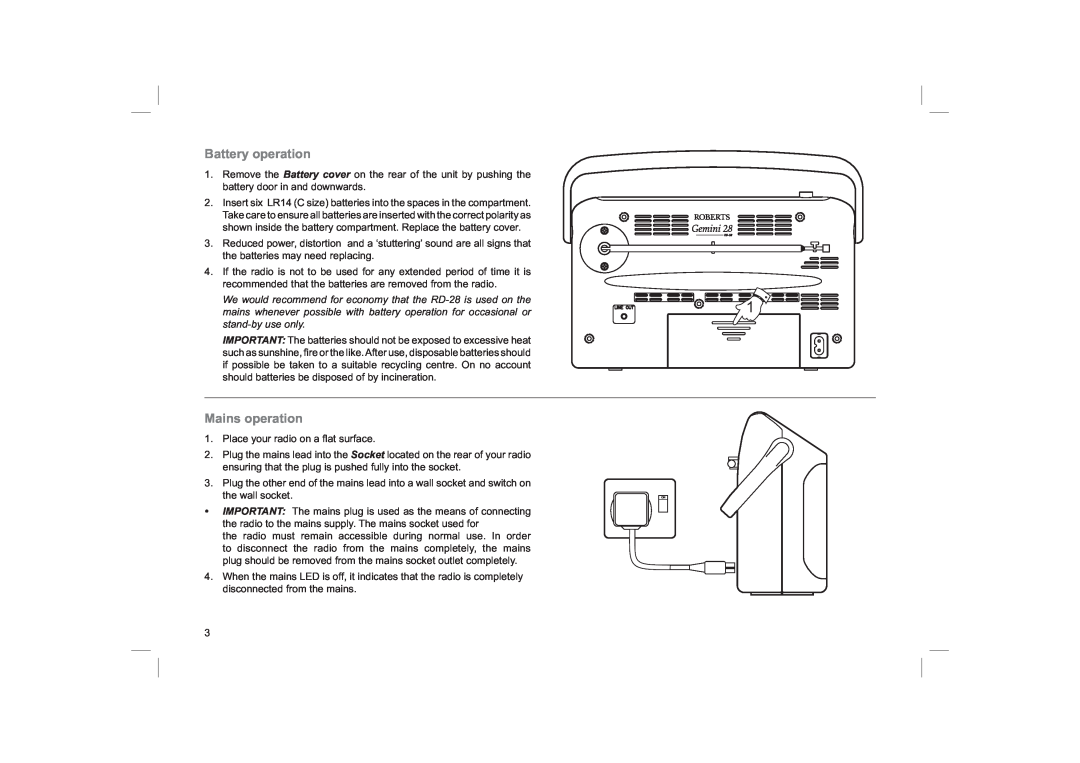 Roberts Radio RD-28 manual Battery operation, Mains operation 