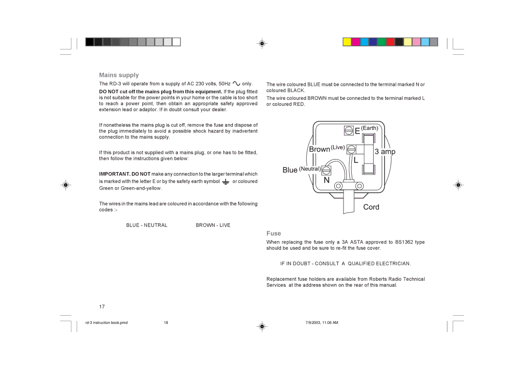 Roberts Radio RD-3 manual Mains supply, Fuse 