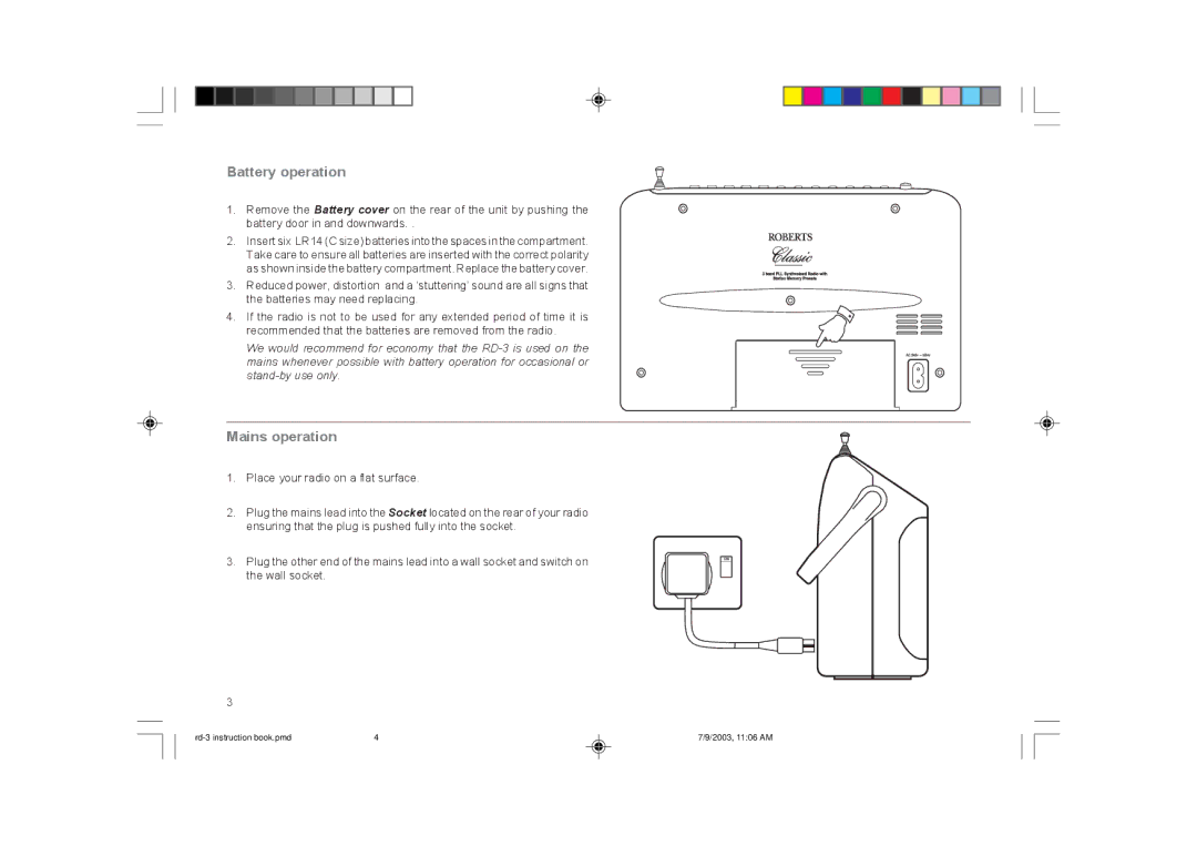 Roberts Radio RD-3 manual Battery operation, Mains operation 