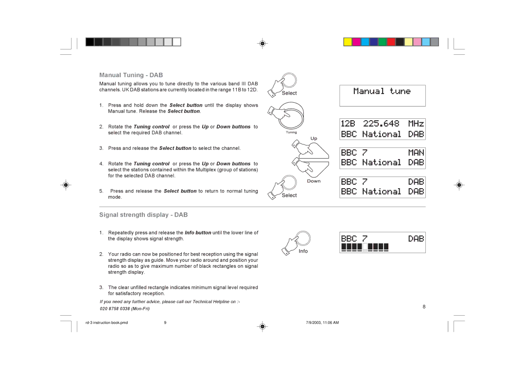 Roberts Radio RD-3 manual Manual Tuning DAB, Signal strength display DAB 