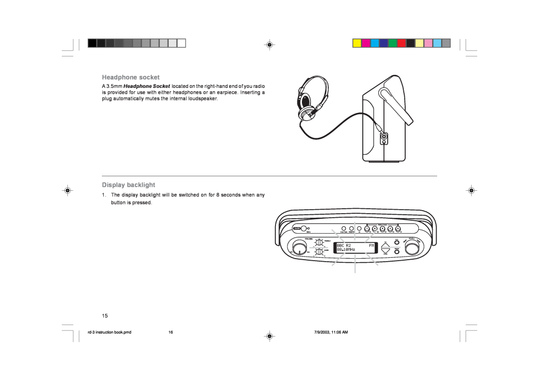 Roberts Radio RD-3 manual Headphone socket, Display backlight 