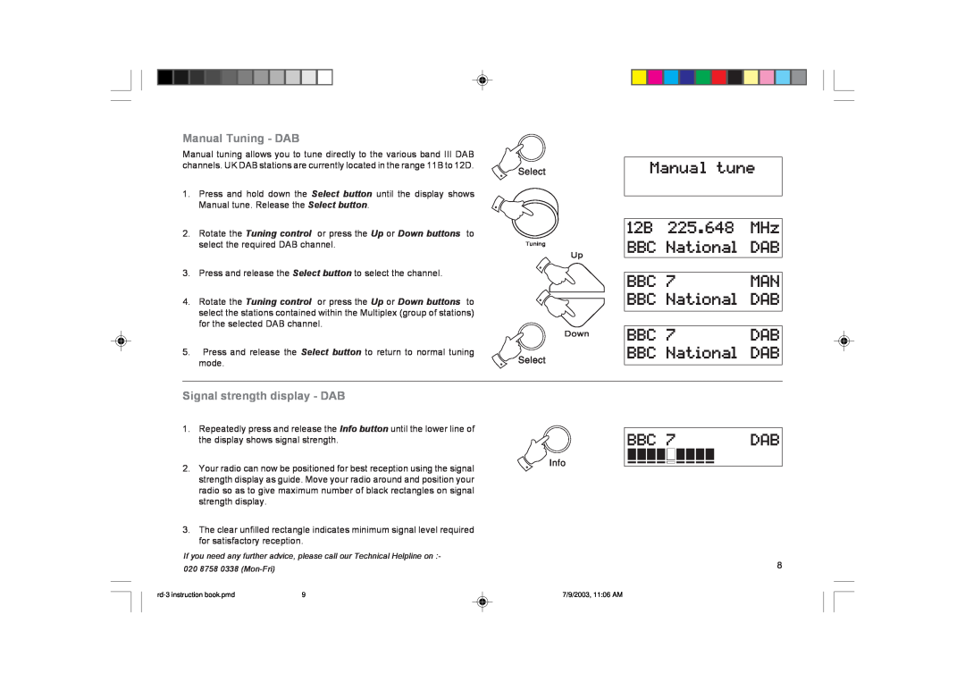 Roberts Radio RD-3 manual Manual Tuning - DAB, Signal strength display - DAB, rd-3instruction book.pmd, 7/9/2003, 11 06 AM 