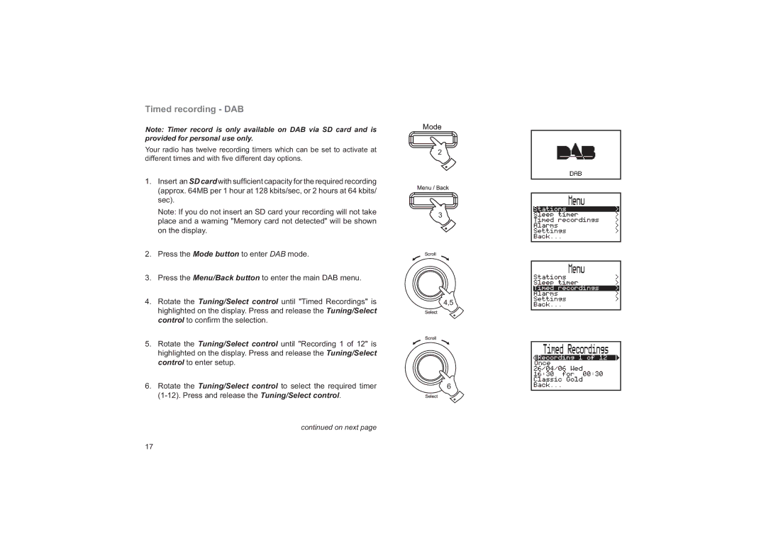 Roberts Radio RD-41 manual Timed recording DAB, On next 