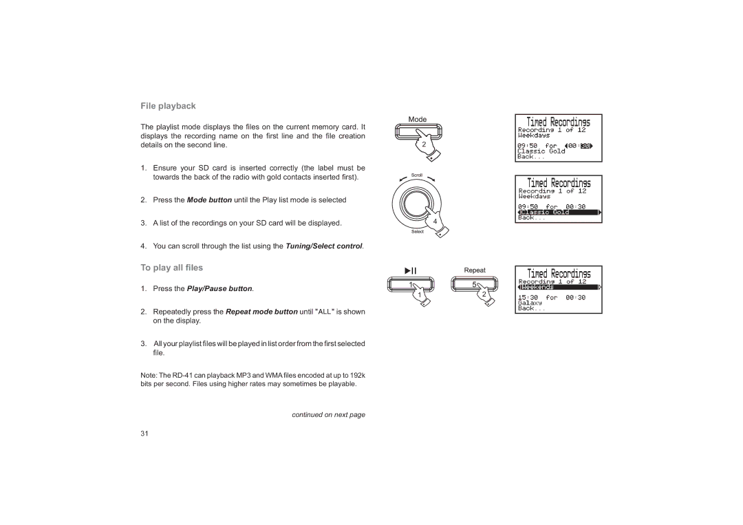 Roberts Radio RD-41 manual File playback, To play all ﬁles 