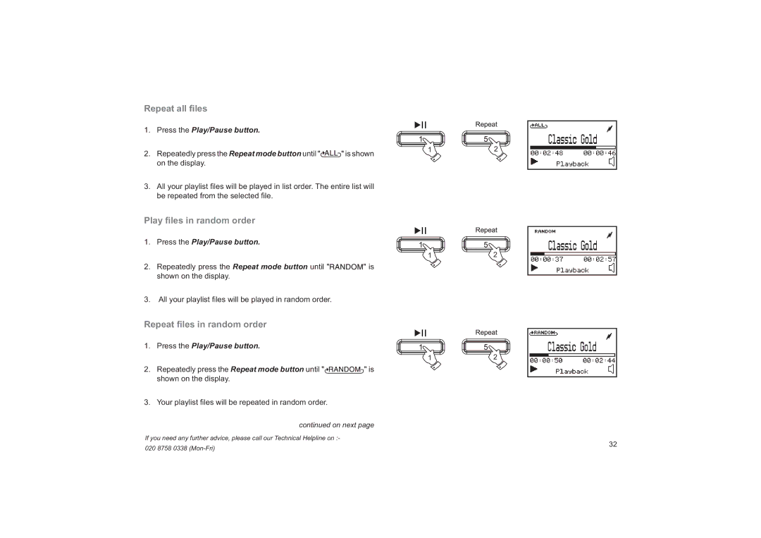 Roberts Radio RD-41 manual Repeat all ﬁles, Play ﬁles in random order, Repeat ﬁles in random order 