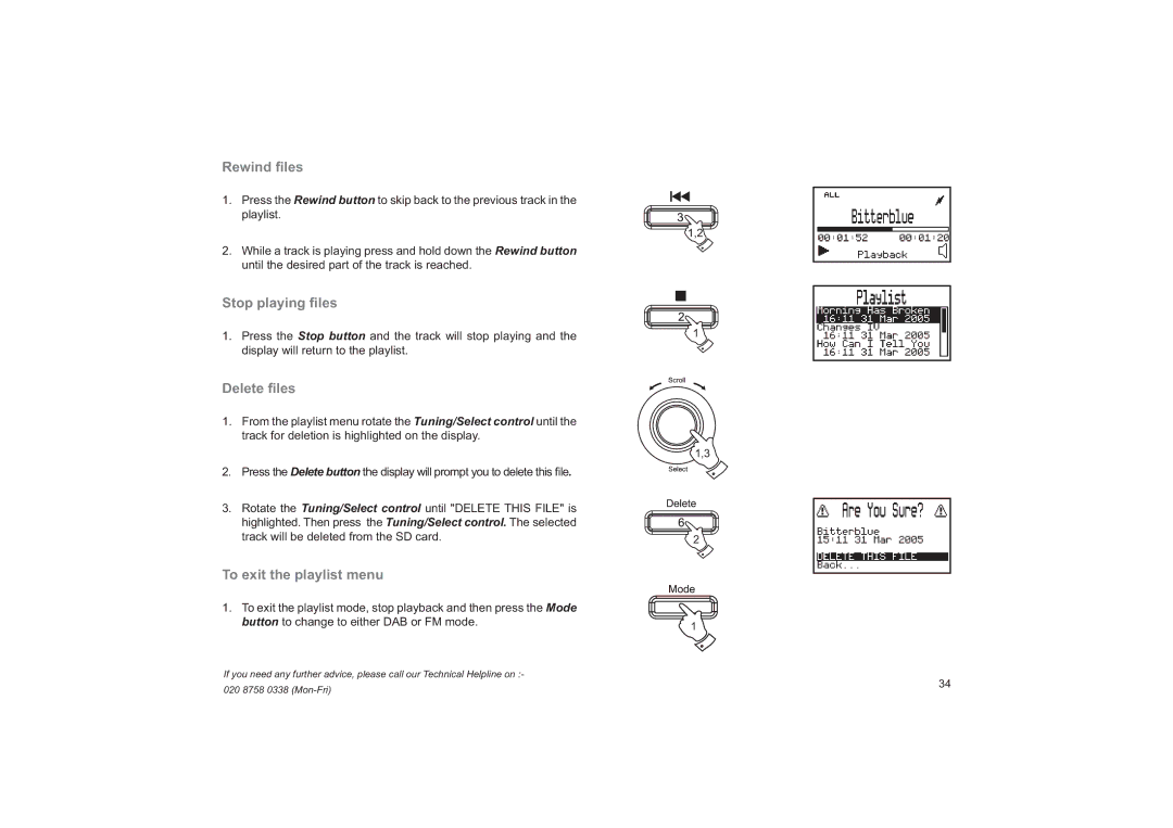 Roberts Radio RD-41 manual Rewind ﬁles, Stop playing ﬁles, Delete ﬁles, To exit the playlist menu 