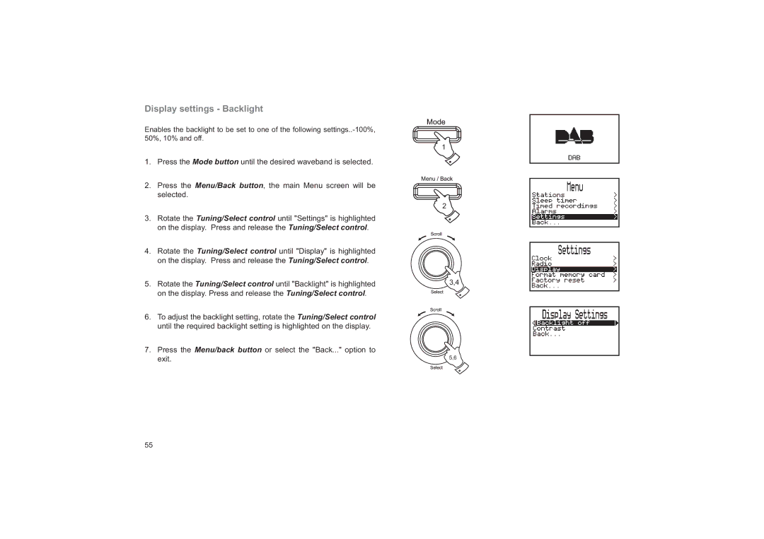 Roberts Radio RD-41 manual Display settings Backlight 