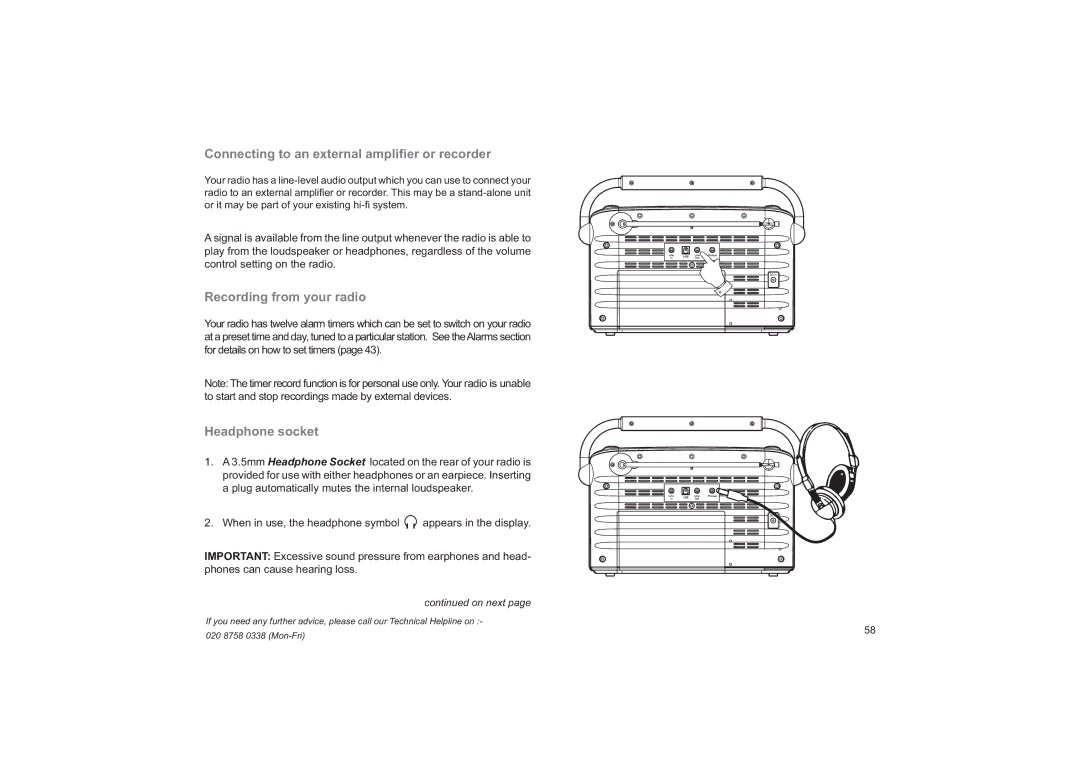 Roberts Radio RD-41 manual Connecting to an external ampliﬁer or recorder, Recording from your radio, Headphone socket 