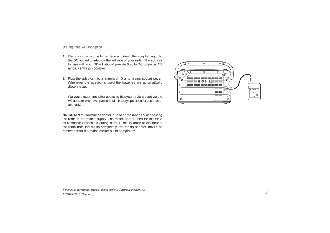 Roberts Radio RD-41 manual Using the AC adaptor 