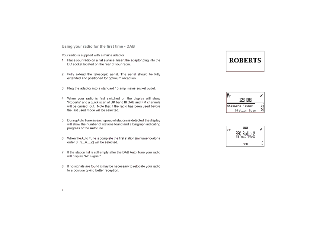 Roberts Radio RD-41 manual Using your radio for the ﬁrst time DAB 