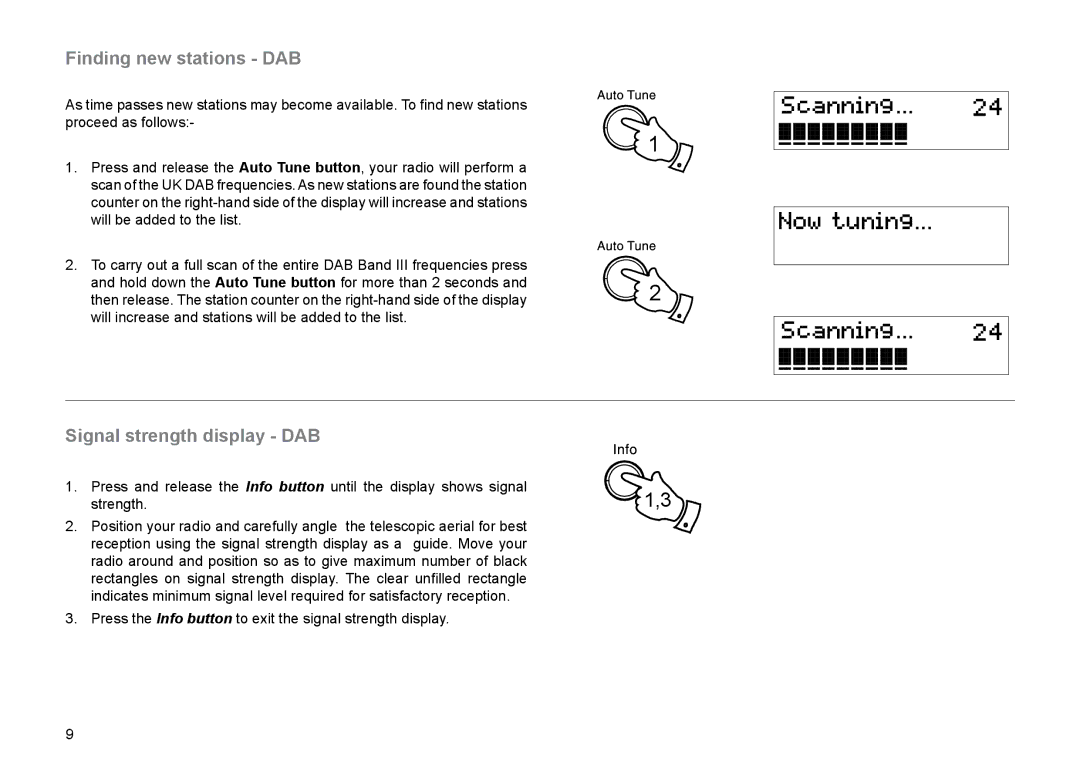Roberts Radio RD-45 manual Finding new stations DAB, Signal strength display DAB 