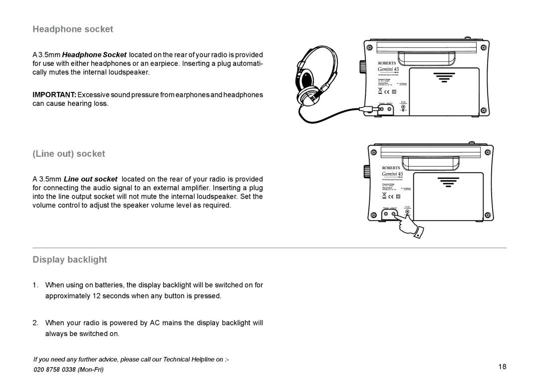 Roberts Radio RD-45 manual Headphone socket, Line out socket, Display backlight 