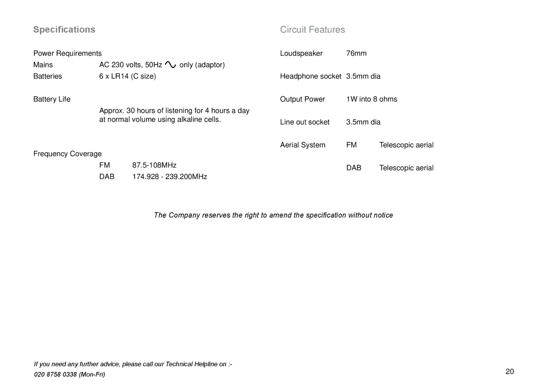 Roberts Radio RD-45 manual Specifications, Circuit Features 