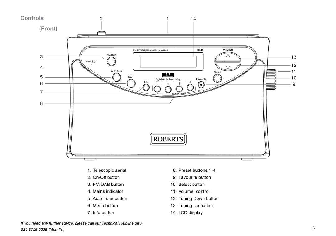 Roberts Radio RD-45 manual Controls Front, Menu button Tuning Up button Info button LCD display 