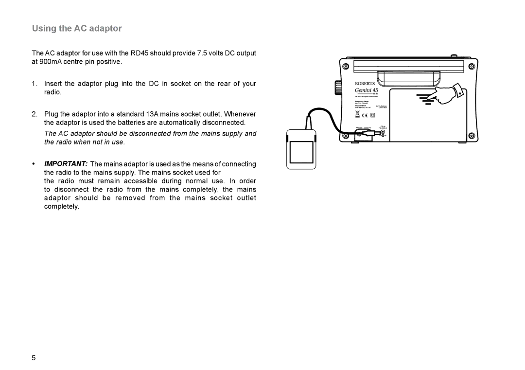 Roberts Radio RD-45 manual Using the AC adaptor 