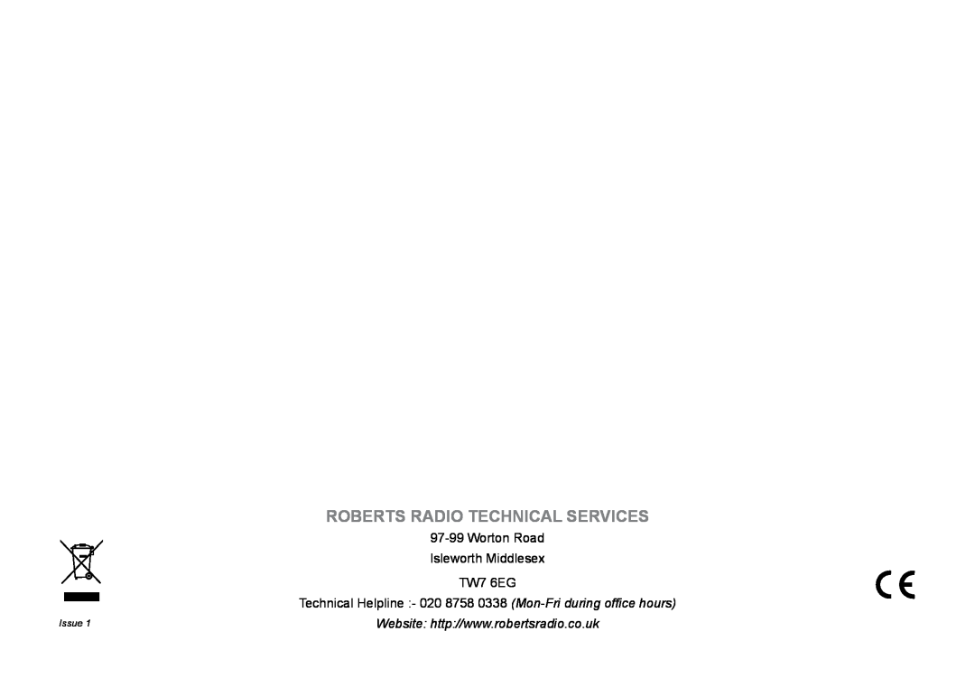 Roberts Radio RD-45 manual Roberts Radio Technical Services, TW7 6EG, Issue 
