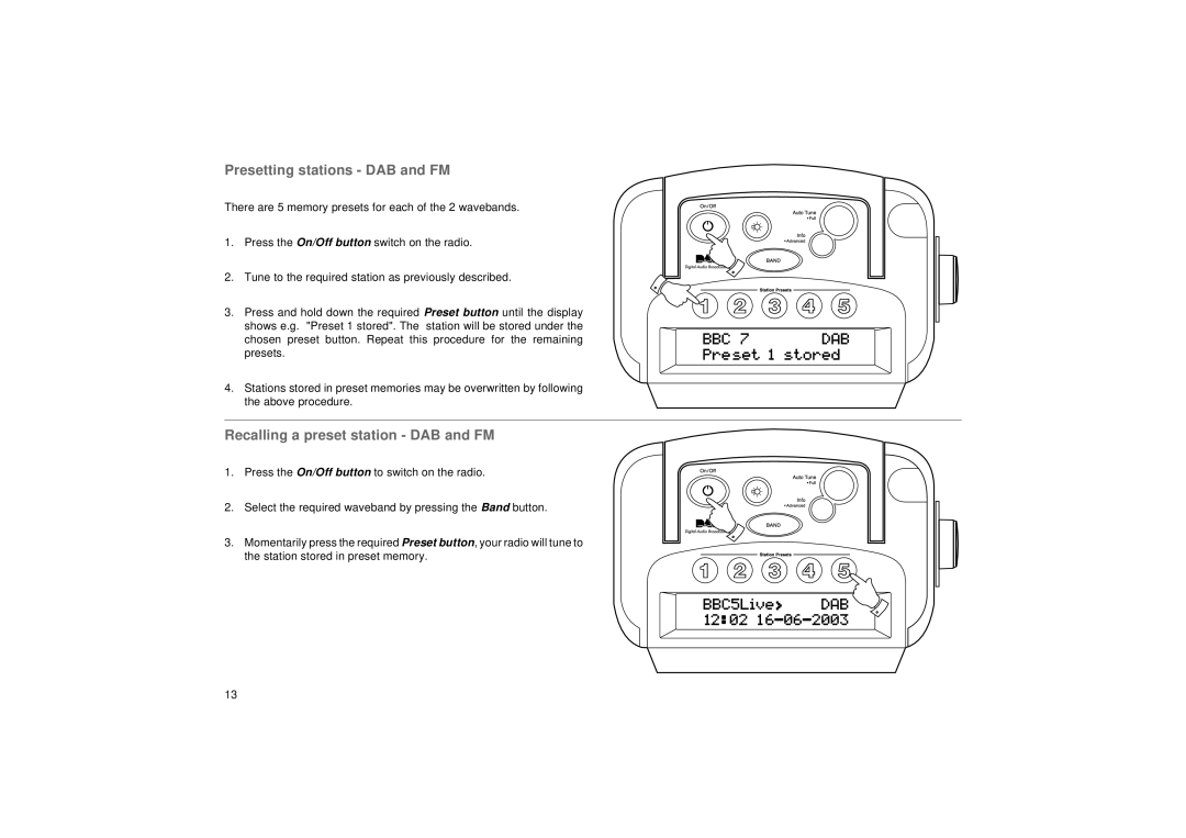 Roberts Radio RD-5 manual Presetting stations DAB and FM, Recalling a preset station DAB and FM 