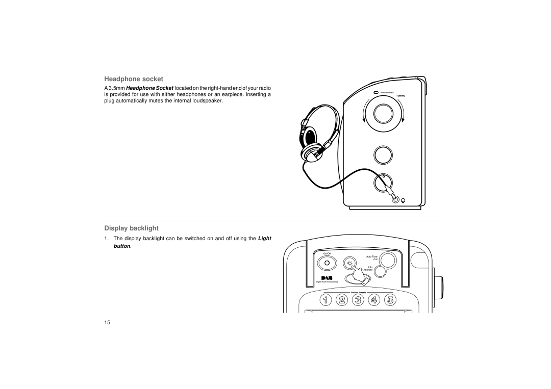 Roberts Radio RD-5 manual Headphone socket, Display backlight 