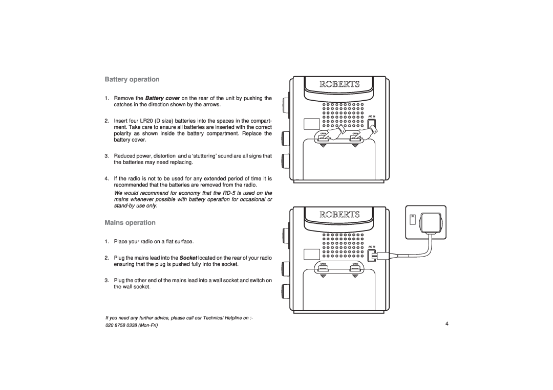 Roberts Radio RD-5 manual Battery operation, Mains operation 