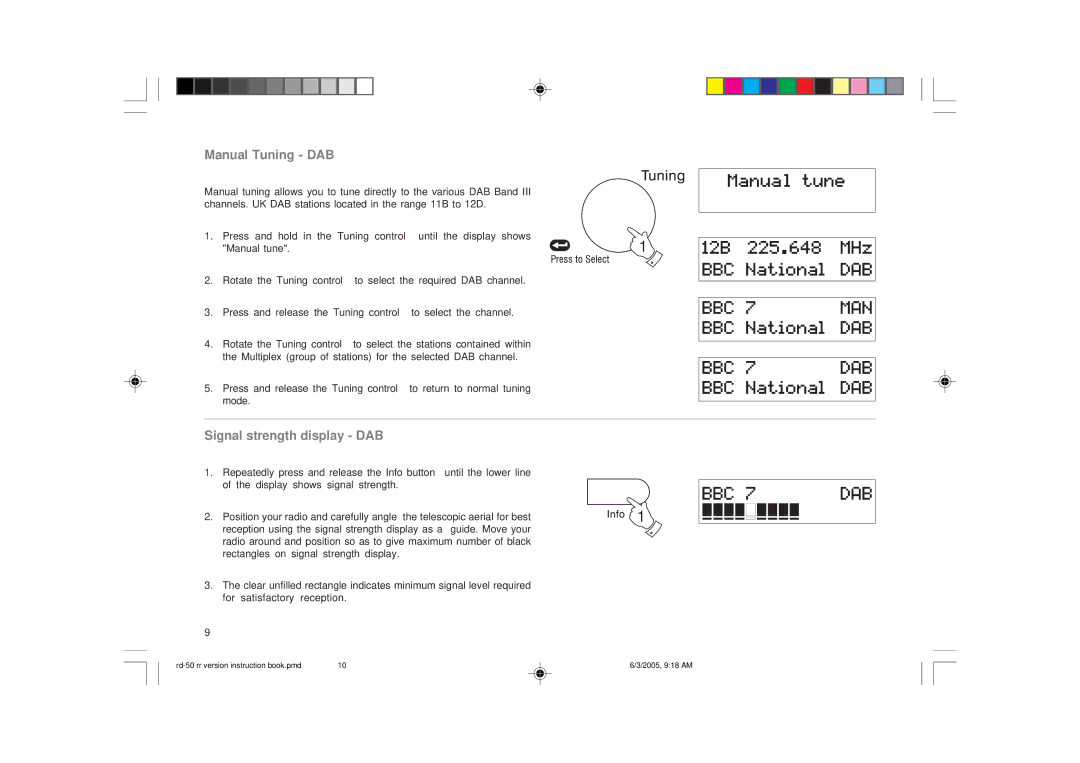 Roberts Radio RD-50 manual Manual Tuning DAB, Signal strength display DAB 