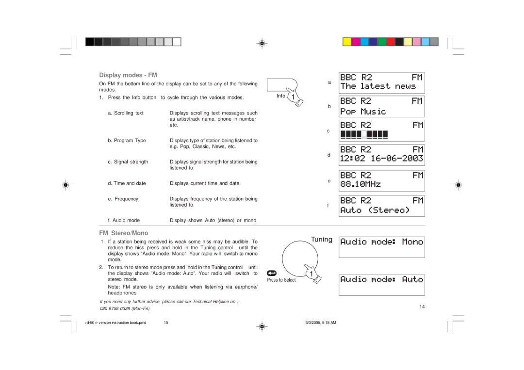 Roberts Radio RD-50 manual Display modes FM, FM Stereo/Mono 