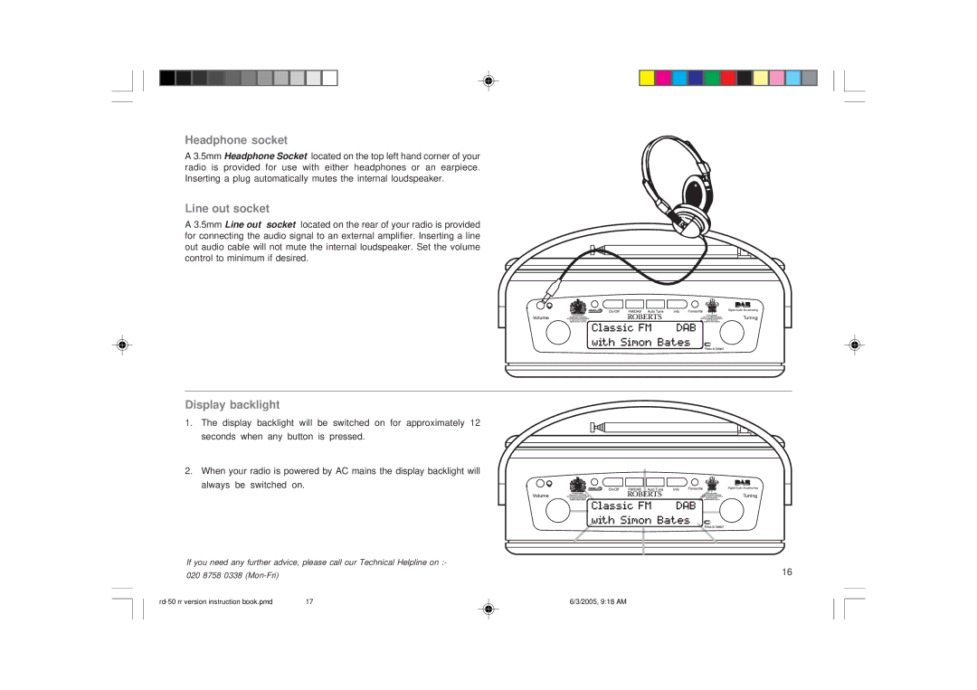 Roberts Radio RD-50 manual Headphone socket, Line out socket, Display backlight 