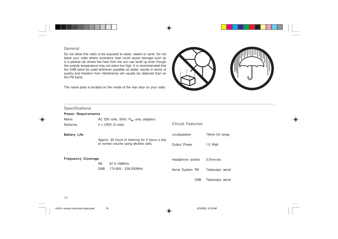 Roberts Radio RD-50 manual General, Specifications, Circuit Features 