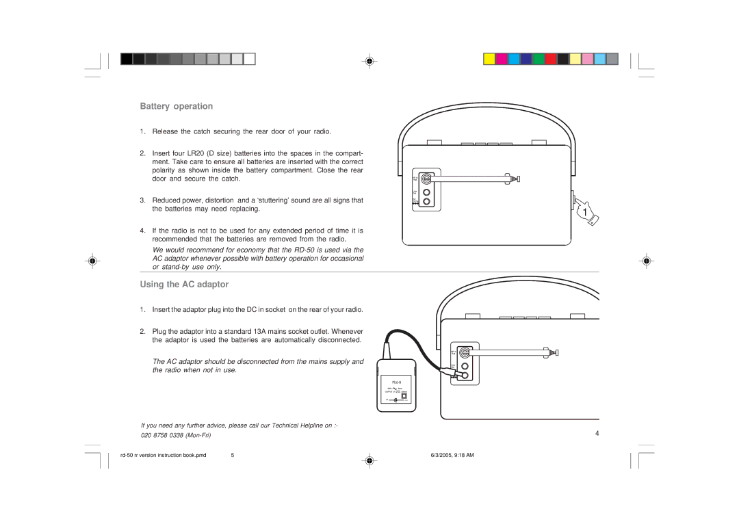 Roberts Radio RD-50 manual Battery operation, Using the AC adaptor 