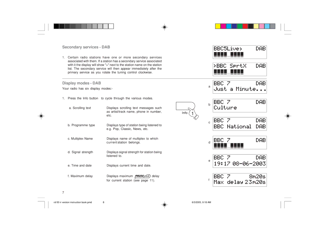 Roberts Radio RD-50 manual Secondary services DAB, Display modes DAB 