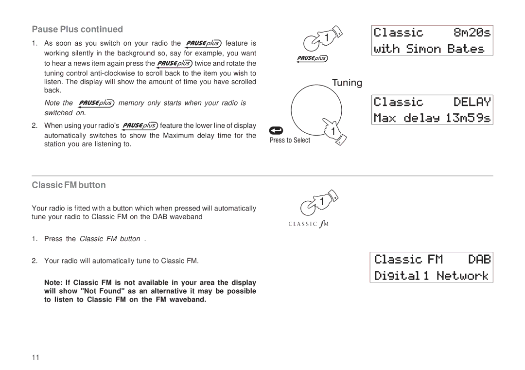 Roberts Radio RD-50CFM manual Pause Plus, Classic FM button 