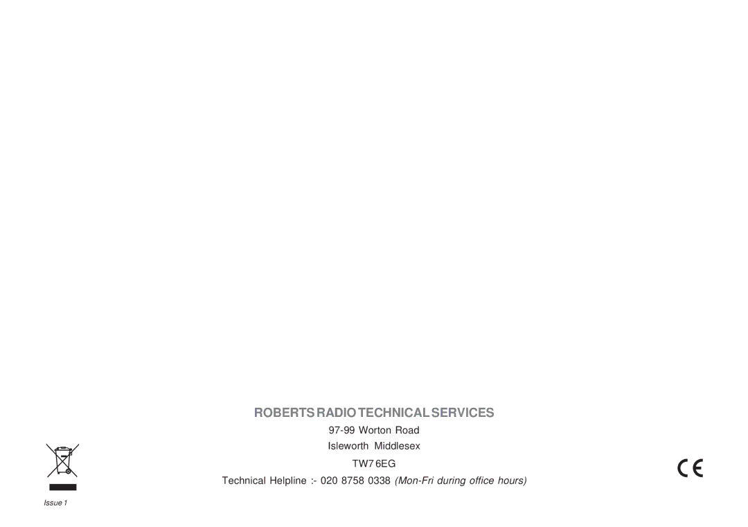 Roberts Radio RD-50CFM manual Roberts Radio Technical Services 