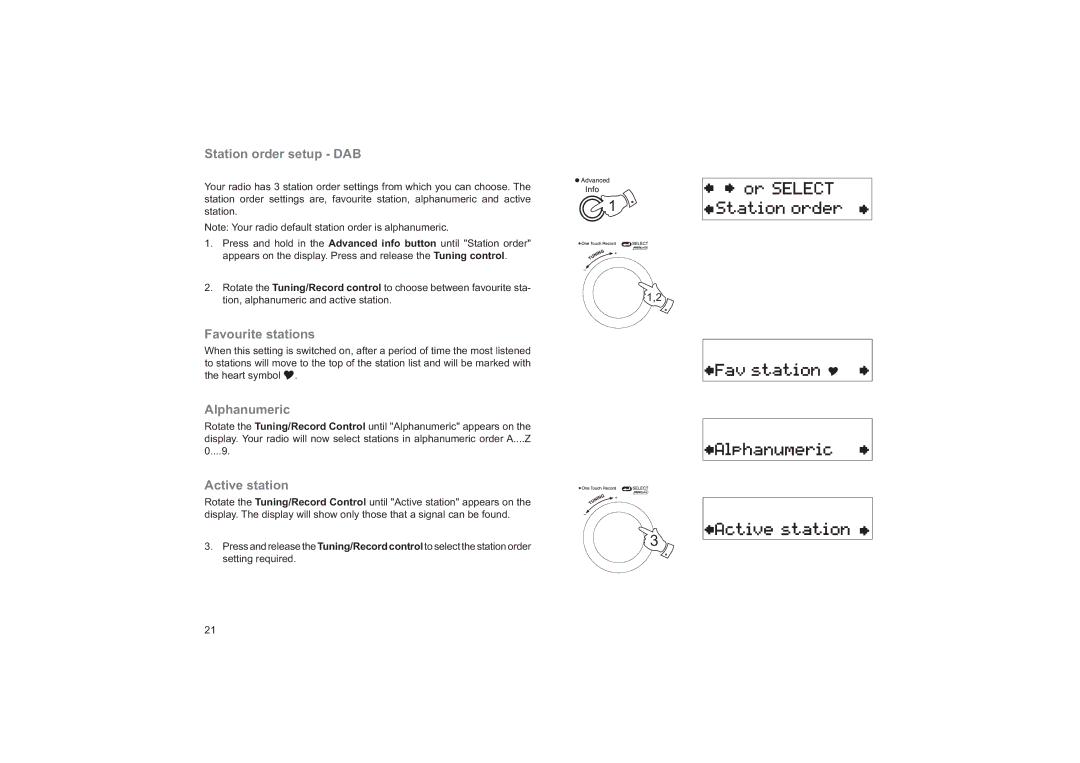 Roberts Radio RD-55 manual Station order setup DAB, Favourite stations, Alphanumeric, Active station 