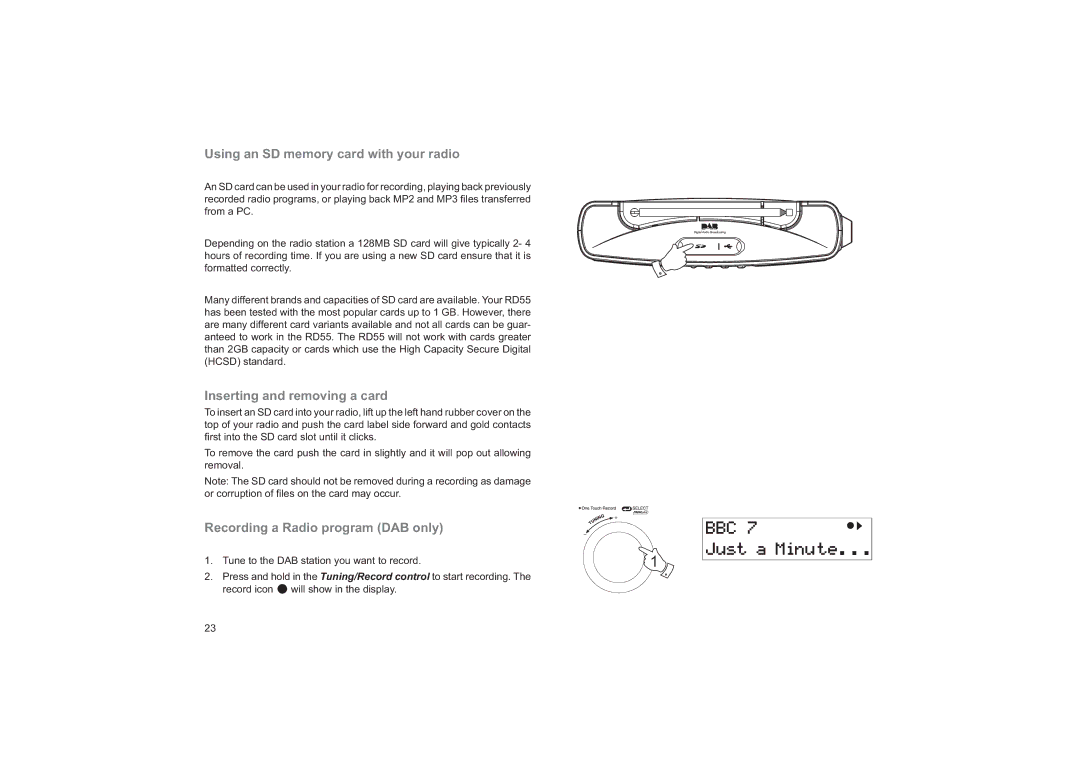 Roberts Radio RD-55 manual Using an SD memory card with your radio, Inserting and removing a card 