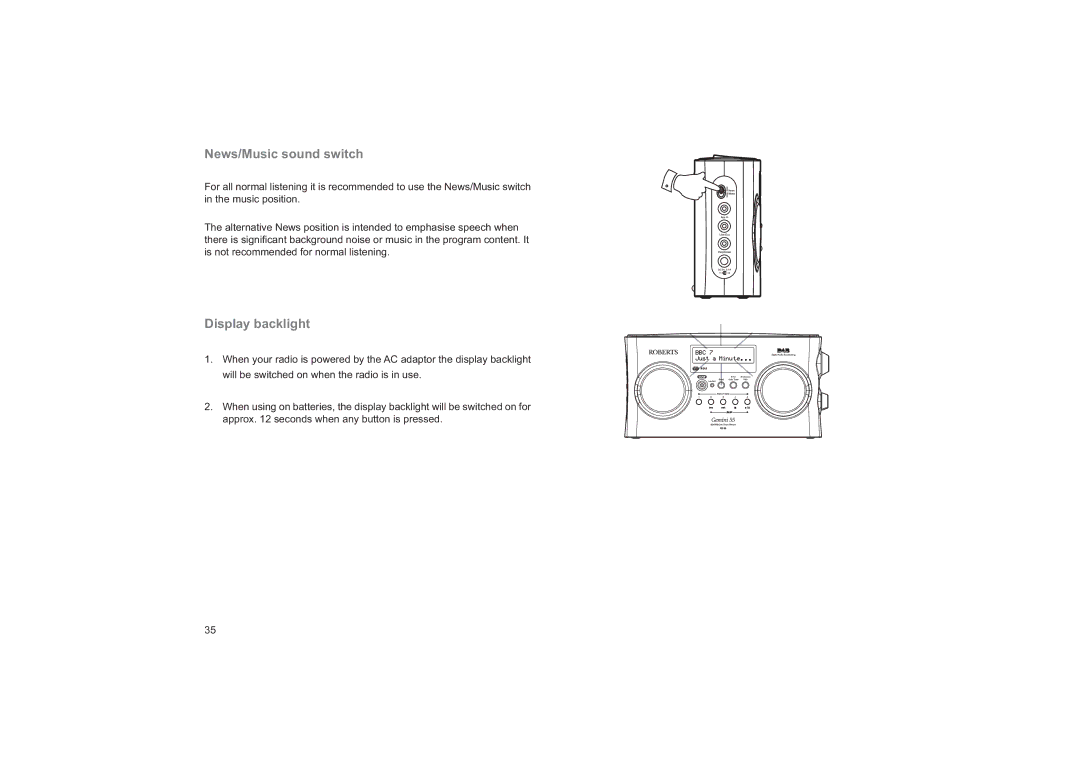 Roberts Radio RD-55 manual News/Music sound switch, Display backlight 