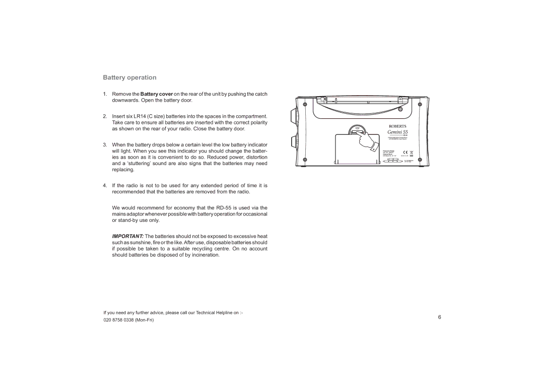 Roberts Radio RD-55 manual Battery operation 