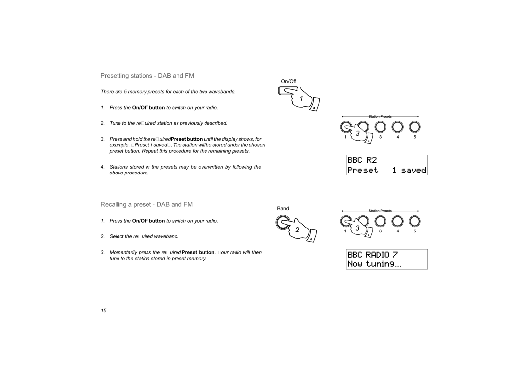 Roberts Radio RD-59 manual Presetting stations DAB and FM, Recalling a preset DAB and FM 