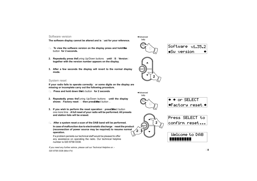 Roberts Radio RD-59 manual Software version, System reset 