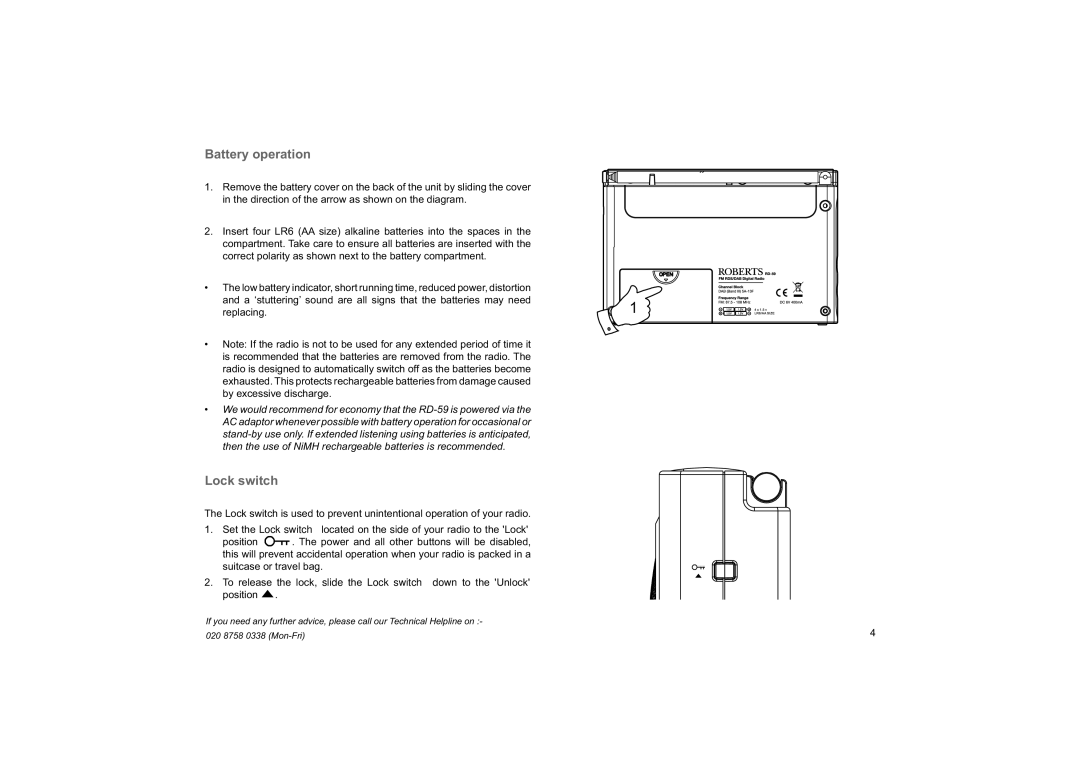 Roberts Radio RD-59 manual Battery operation, Lock switch 