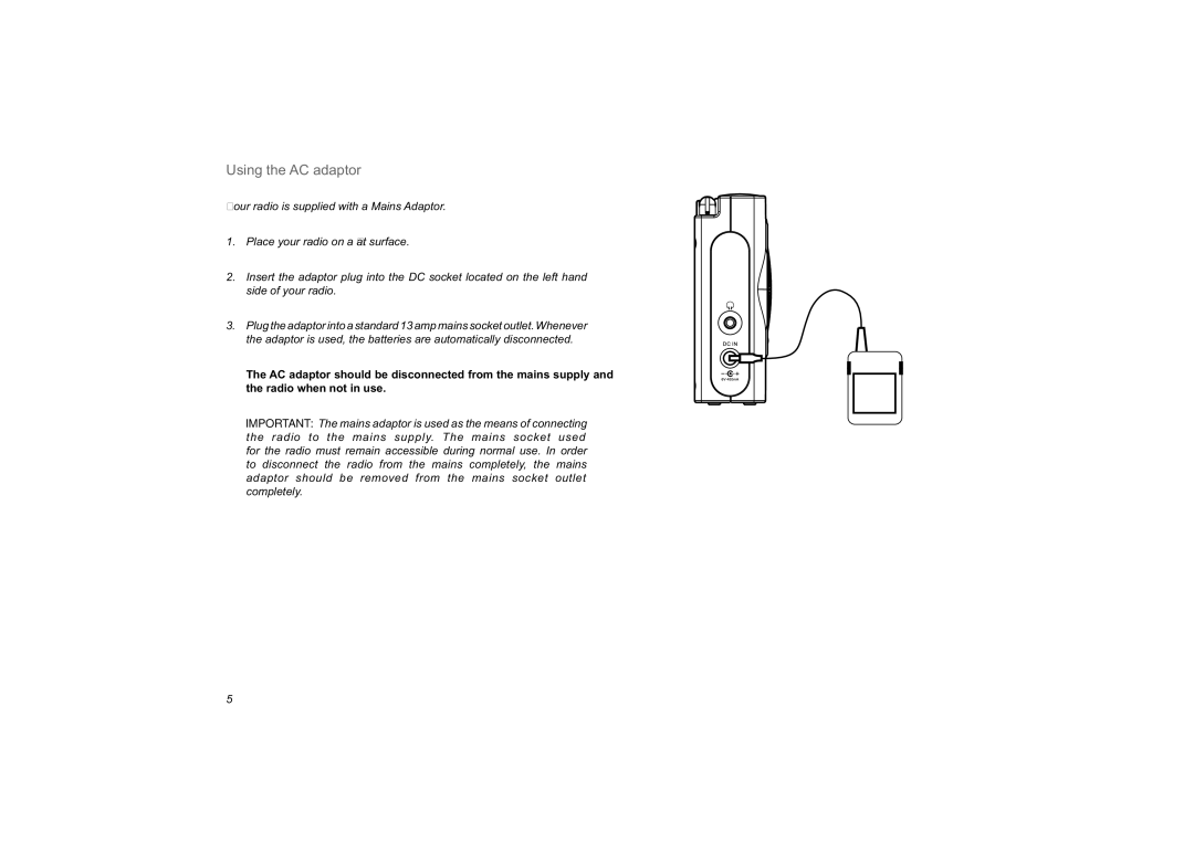 Roberts Radio RD-59 manual Using the AC adaptor 