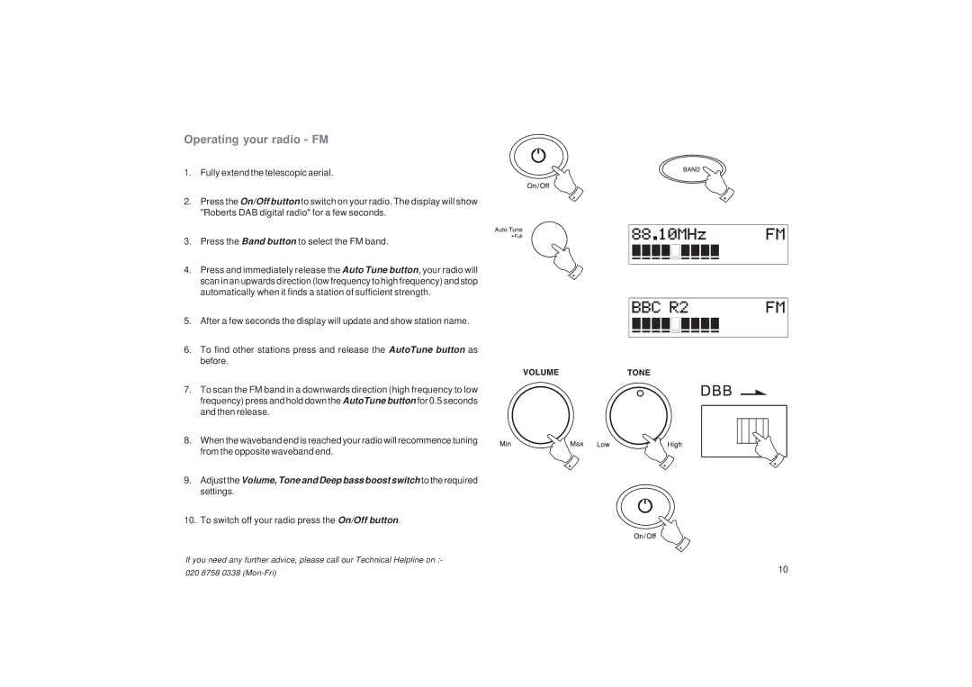 Roberts Radio RD-6 manual Operating your radio FM, To switch off your radio press the On/Off button 