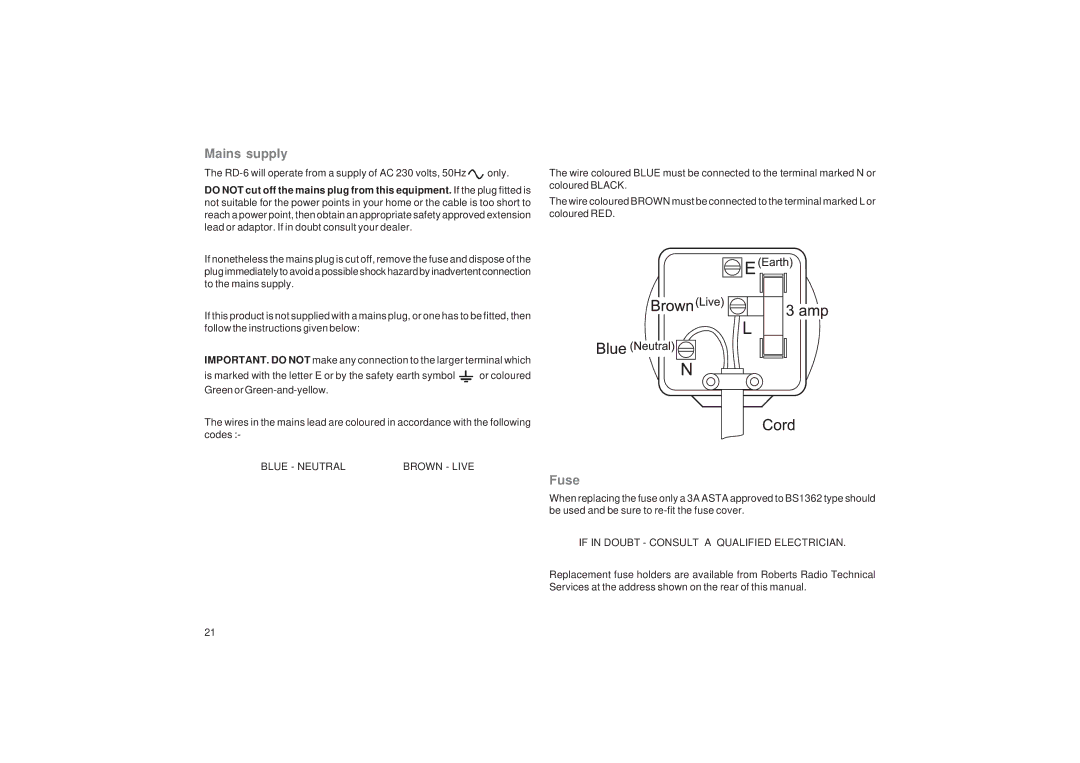 Roberts Radio RD-6 manual Mains supply, Fuse 